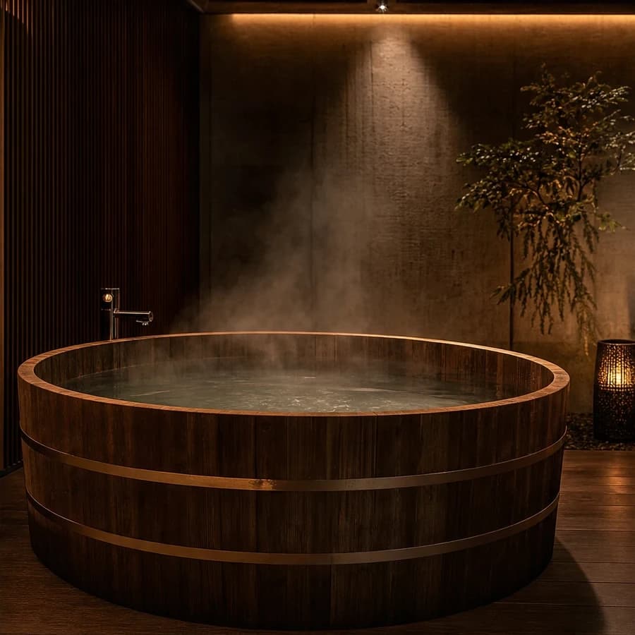 Дерев’яна купіль у тихому просторі spa